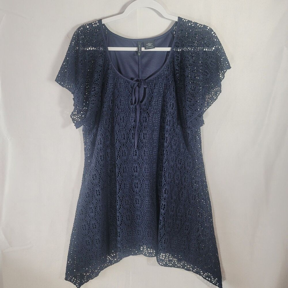 Boho Crochet Lace Open Knit Tunic Top Sz L Navy Blue Sharkbite Hem Cottagecore